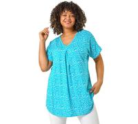 Roman Curve Pleat Front Printed V-Neck Stretch Top In Aqua Aqua 16