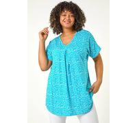 Roman Curve Pleat Front Printed V-Neck Stretch Top In Aqua Aqua 30-32