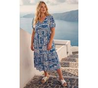 Roman Curve Paisley Tiered Frill Midi Dress for Women UK - Ladies Everyday Holiday Spring Summer V-Neckline Comfy Soft Evening Vacation Work Party - Plus Blue - Size 2224