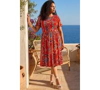 Roman Curve Print Shirred Midi Dress for Women UK - Ladies Everyday Holiday Spring Summer Round Neckline Comfy Soft Evening Vacation Work Party - Red Plus - Size 20