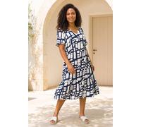 Roman Curve Print Tiered V-Neck Dress for Women UK - Ladies Everyday Holiday Spring Summer V-Neckline Comfy Soft Evening Vacation Work Party - Navy Plus - Size 3032