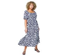 Roman Curve Printed Crinkle Shirred Midi Dress for Women UK - Ladies Everyday Holiday Spring Summer Square Neckline Comfy Soft Evening Vacation Work Party - Navy Plus - Size 30