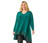 Roman Curve Sequin Hem Stretch Top for Women UK - Ladies Everyday Autumn Winter V-Neckline Comfy Soft Evening Vacation Work Party Night Out - Jade Green - Size 26