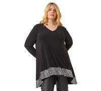 Roman Curve Sequin Hem Stretch Top for Women UK - Ladies Everyday Autumn Winter V-Neckline Comfy Soft Evening Vacation Work Party Night Out - Silver - Size 18