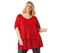Roman Curve Sequin Overlay Flute Sleeve Top In Red Red 20