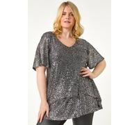 Roman Curve Sequin Overlay Flute Sleeve Top In Silver Silver 20
