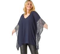 Roman Curve Sequin Trim Overlay Top for Women UK - Ladies Everyday Autumn Winter Round Neckline Comfy Soft Evening Vacation Work Party Night Out - Navy Plus - Size 20