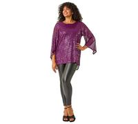Roman Curve Sheer Sleeve Sequin Top for Women UK - Ladies Autumn Everyday Winter Holiday Round Neckline Comfy All Over Shine Soft 3/4 Sleeve Blouse Dinner Date Shirts - Plum Plus - Size 26