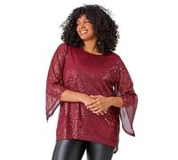 Roman Curve Sheer Sleeve Sequin Top for Women UK - Ladies Autumn Everyday Winter Holiday Round Neckline Comfy All Over Shine Soft 3/4 Sleeve Blouse Dinner Date Shirts - Red - Size 26
