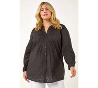 Roman Originals Pintuck Shirt for Women Ladies Jersey Blouse Collarless Top Flare Crinkle Notch Neck Tunic 3/4 Length Sleeve Longline Smart Casual Party Going Out - Noir Plus - Size 18