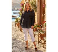 Roman Originals Pintuck Shirt for Women Ladies Jersey Blouse Collarless Top Flare Crinkle Notch Neck Tunic 3/4 Length Sleeve Longline Smart Casual Party Going Out - Noir Plus - Size 18