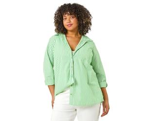 Roman Curve Shirt for Women Ladies Cotton Blouse Button Through Tunic Printed Top Work Long Sleeve Smart Casual Going Out Work Office V Neck Everyday Evening Event - Green Stripe Plus - Size 22
