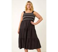Roman Curve Strappy Shirred Midi Dress In Black Black 26-28