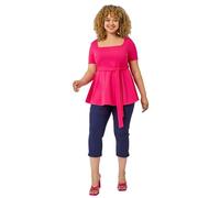 Roman Curve Stretch Belted Peplum Top for Women UK - Ladies Spring Everyday Summer Holiday Square Neckline Comfy Short Sleeve Soft Tee Tie Waist Detail Shirts - Pink - Size 26