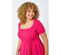 Roman Curve Stretch Belted Peplum Top for Women UK - Ladies Spring Everyday Summer Holiday Square Neckline Comfy Short Sleeve Soft Tee Tie Waist Detail Shirts - Pink - Size 22