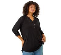 Roman Curve Stretch Jersey Floral Top for Women UK - Ladies Everyday Autumn Winter V-Neckline Comfy Soft Evening Vacation Work Party Night Out - Black Plus - Size 22