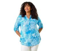 Roman Curve Stretch Jersey Floral Top for Women UK - Ladies Everyday Autumn Winter V-Neckline Comfy Soft Evening Vacation Work Party Night Out - Turquoise Plus - Size 16
