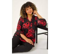 Roman Curve Stretch Jersey Floral Top for Women UK - Ladies Everyday Autumn Winter V-Neckline Comfy Soft Evening Vacation Work Party Night Out - Red Plus - Size 18