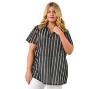 Roman Curve Stripe Collared Knit Top for Women UK - Ladies Everyday Holiday Spring Summer V-Neckline Comfy Soft Evening Vacation Work Party - Black Plus - Size 18
