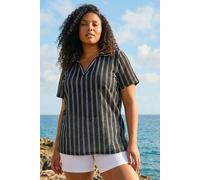 Roman Curve Stripe Collared Knit Top for Women UK - Ladies Everyday Holiday Spring Summer V-Neckline Comfy Soft Evening Vacation Work Party - Black Plus - Size 18
