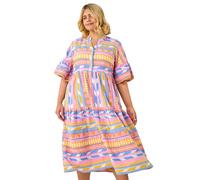 Roman Curve Stripe Print Boho Tiered Dress for Women UK - Ladies Spring Everyday Summer Holiday V-Neckline Comfy 3/4 Sleeve Soft Fit & Flare Frock Maxi Length Gowns - Yellow Plus - Size 22