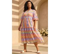 Roman Women's Curve Stripe Print Boho Tiered Dress in Yellow | Size: 20 Roman Yellow 20