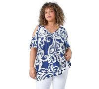 Roman Curve Stripe Print Cold Shoulder Top for Women UK - Ladies Everyday Holiday Spring Summer V-Neckline Comfy Soft Evening Vacation Work Party - Navy - Size 22