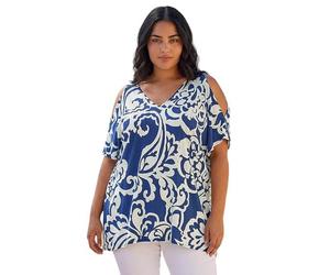 Roman Curve Stripe Print Cold Shoulder Top for Women UK - Ladies Everyday Holiday Spring Summer V-Neckline Comfy Soft Evening Vacation Work Party