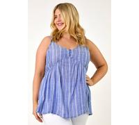 Roman Curve Stripe Woven Button Vest for Women UK - Ladies Everyday Holiday Spring Summer V-Neckline Comfy Soft Evening Vacation Work Party - Blue Plus - Size 18