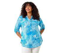 Roman Curve Stretch Jersey Floral Top for Women UK - Ladies Everyday Autumn Winter V-Neckline Comfy Soft Evening Vacation Work Party Night Out - Turquoise Plus - Size 16