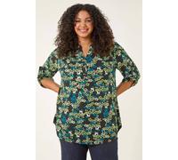 Roman Shirt for Women UK Ladies Top Collarless Blouse Stretchy Tunic Smart Casual Autumn Winter Jersey 3/4 Length Sleeve Notch V Neck Flattering Office Work - Green Noir Plus - Size 20