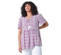 Roman Curve Tie Front Boho Printed Top for Women UK - Ladies Everyday Holiday Spring Summer V-Neckline Comfy Soft Evening Vacation Work Party - Purple - Size 30