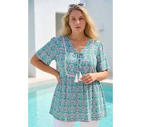 Roman Curve Tie Front Boho Printed Top for Women UK - Ladies Everyday Holiday Spring Summer V-Neckline Comfy Soft Evening Vacation Work Party - Green - Size 18