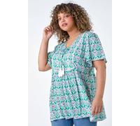 Roman Curve Tie Front V-Neck Boho Printed Top In Green Green 22-24