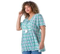 Roman Curve Tie Front Boho Printed Top for Women UK - Ladies Everyday Holiday Spring Summer V-Neckline Comfy Soft Evening Vacation Work Party - Green - Size 30