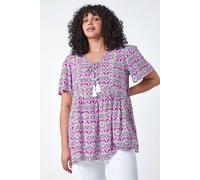 Roman Curve Tie Front Boho Printed Top for Women UK - Ladies Everyday Holiday Spring Summer V-Neckline Comfy Soft Evening Vacation Work Party - Purple - Size 20