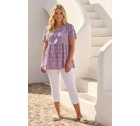 Roman Curve Tie Front Boho Printed Top for Women UK - Ladies Everyday Holiday Spring Summer V-Neckline Comfy Soft Evening Vacation Work Party - Purple - Size 26