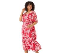 Roman Curve Tropical Print Tie Neck Midi Dress for Women UK - Ladies Spring Everyday Summer Holiday Short Sleeve Soft Swing Comfy Floral Frock Dinner Date Gowns - Pink - Size 18