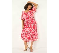 Roman Curve Tropical Print Tie Neck Midi Dress for Women UK - Ladies Spring Everyday Summer Holiday Short Sleeve Soft Swing Comfy Floral Frock Dinner Date Gowns - Pink - Size 18