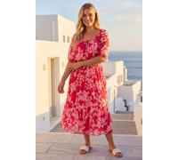 Curve Tropical Print Tie Neck Midi Dress Roman Pink 26-28
