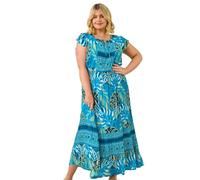 Roman Curve Tropical Tie Neck Dress for Women UK - Ladies Everyday Holiday Spring Summer Round Neckline Comfy Soft Evening Vacation Work Party - Blue Plus - Size 16
