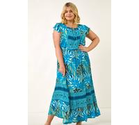 Roman Curve Tropical Tie Neck Dress In Blue Blue 22-24