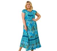Roman Curve Tropical Tie Neck Dress In Blue Blue 26-28