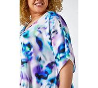 Roman Curve Watercolour Print Chiffon Top for Women UK - Ladies Spring Everyday Summer Holiday V-Neckline Comfy Short Sleeve Soft Swing Shape Shirt Day Out Blouses - Purple - Size 18