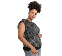 Roman Curve Women Frill Plisse Blouson Top - Ladies Autumn Everyday Winter Holiday Round Neckline Comfy Cami Lining Jersey Short Sleeve Soft Shirt Sparkle Plus Size Blouses - Silver - Size 22