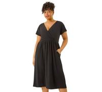 Roman Curve Wrap Front Stretch Dress for Women UK - Ladies Everyday Holiday Spring Summer V-Neckline Comfy Soft Evening Vacation Work Party - Black Plus - Size 30