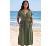 Roman Curve Wrap Front Stretch Dress for Women UK - Ladies Everyday Holiday Spring Summer V-Neckline Comfy Soft Evening Vacation Work Party - Khaki Plus - Size 26