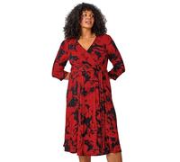 Roman Curve Zig Zag Wrap Midi Stretch Dress for Women UK - Ladies Autumn Everyday Winter Holiday V-Neckline Comfy Long Sleeve Soft Belt Detail Frock Desk to Dinner Gowns - Red - Size 26