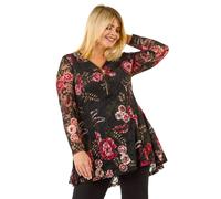 Roman Curve Zip Front Floral Lace Top In Black Black 22-24