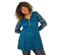 Roman Curve Zip Front Lace Stretch Top for Women UK - Ladies Everyday Autumn Winter V-Neckline Comfy Soft Evening Vacation Work Party Night Out - Teal - Size 20